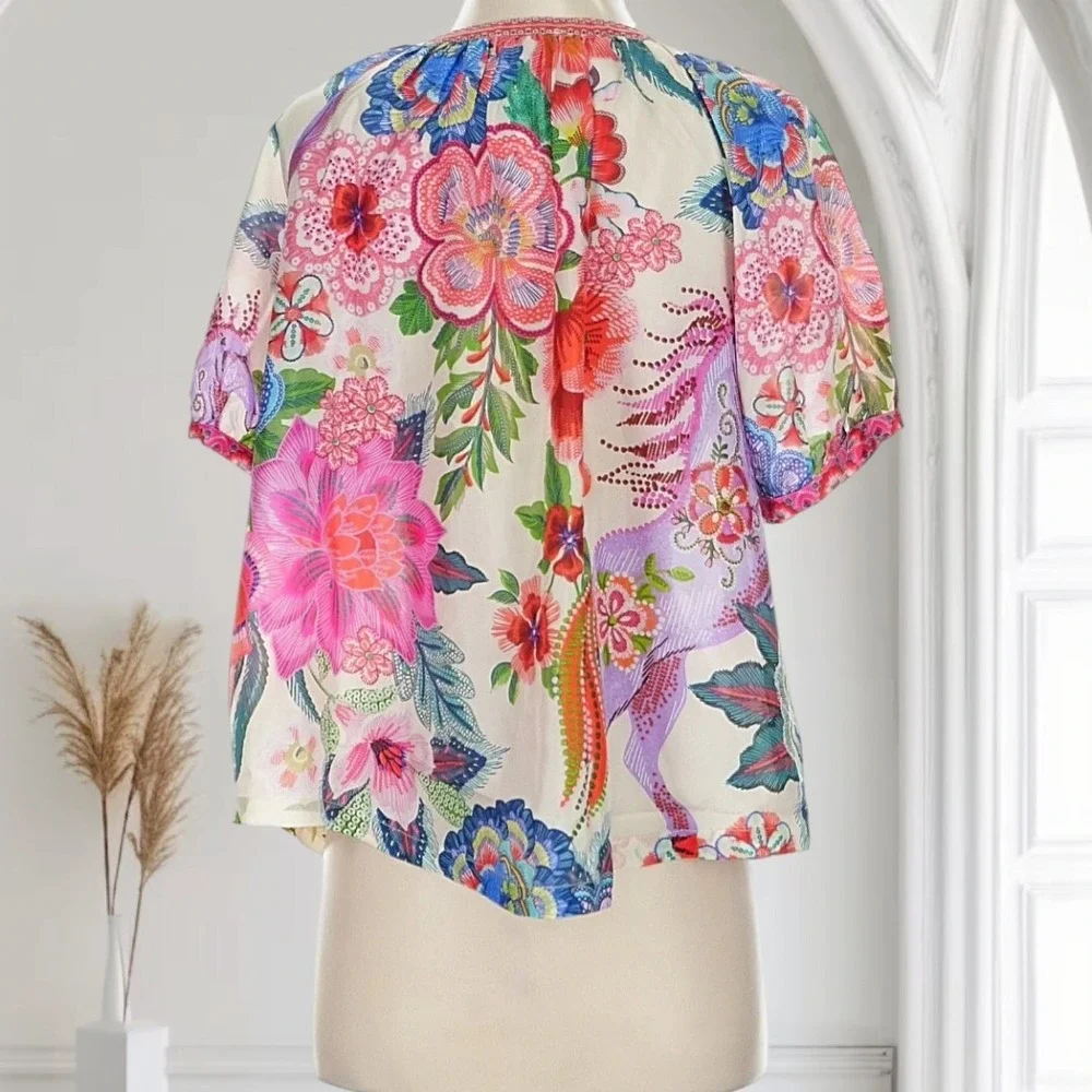 Johnny‎ Was Avah Floral Silk Blouse Women's XS Relaxed Boho Preppy